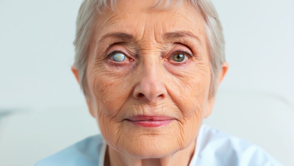 Primer plano de ojos con catarata visible en uno de ellos, mostrando pérdida de transparencia del cristalino típica en adultos mayores.