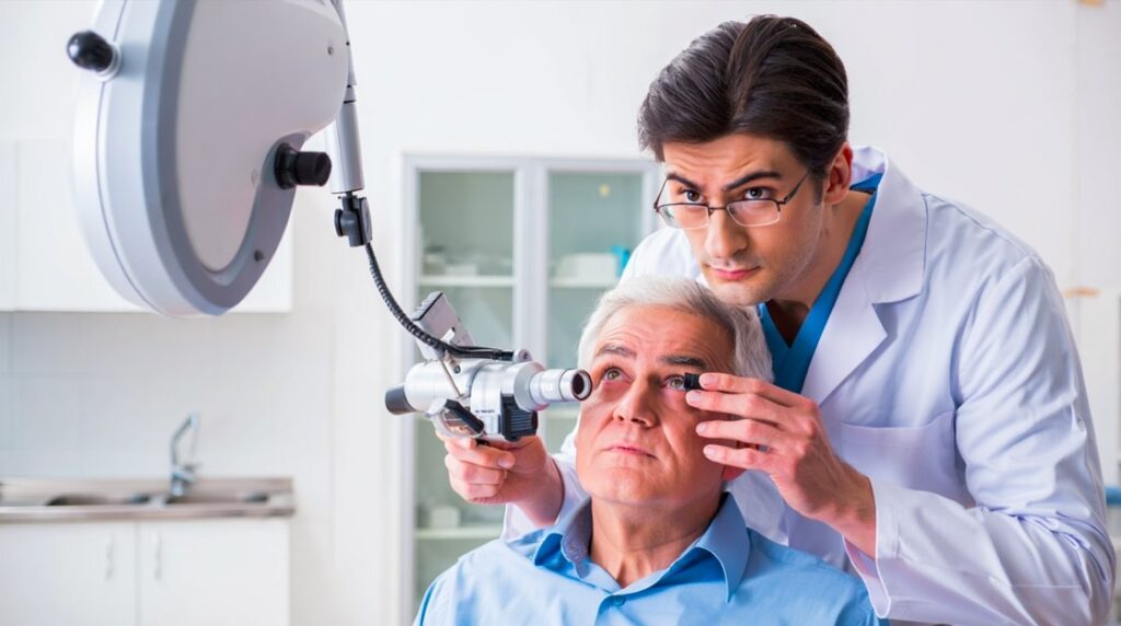 Oftalmólogo examinando la salud visual de un paciente, buscando diagnóstico preciso con equipamiento clínico especializado.