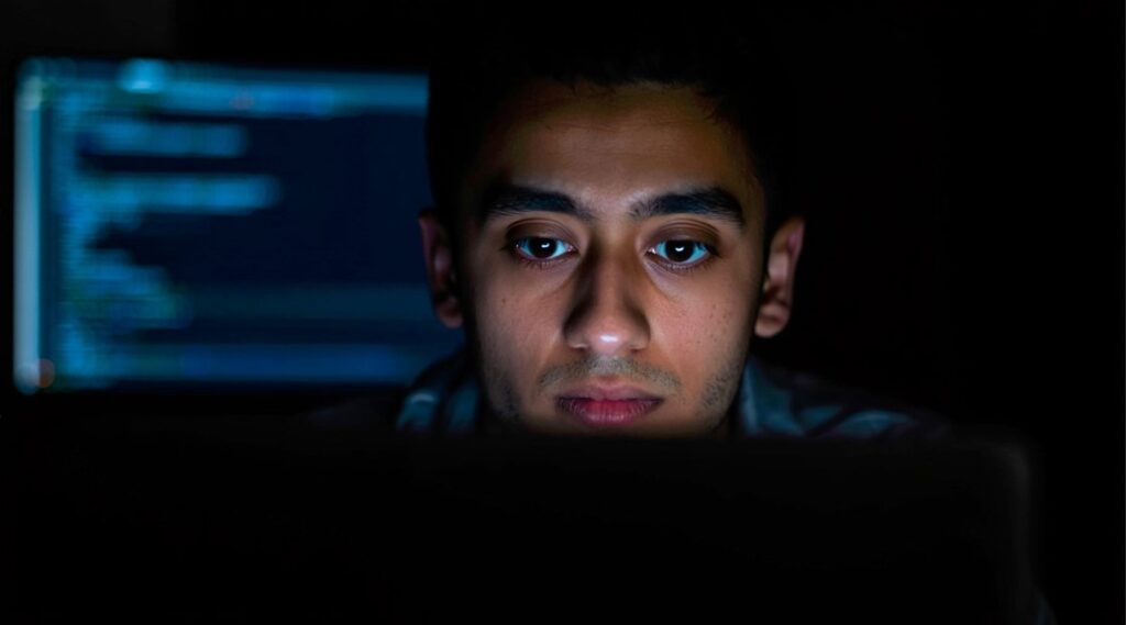 Hombre con fatiga visual nocturna frente a una pantalla, generando enrojecimiento ocular por sobreexposición digital.