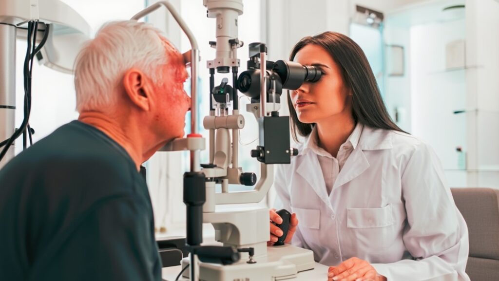 Oftalmóloga realizando examen ocular a adulto mayor para diagnosticar causas de ojos rojos en consultorio especializado.