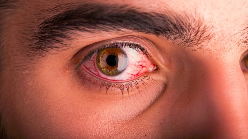 Ojo con enrojecimiento visible y vasos dilatados, síntoma común de los ojos rojos causados por irritación o conjuntivitis.