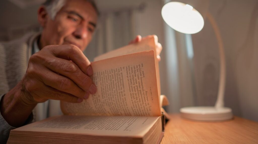 Adulto mayor leyendo con esfuerzo bajo luz tenue, donde la fatiga visual puede contribuir al temblor del ojo o blefaroespasmo.