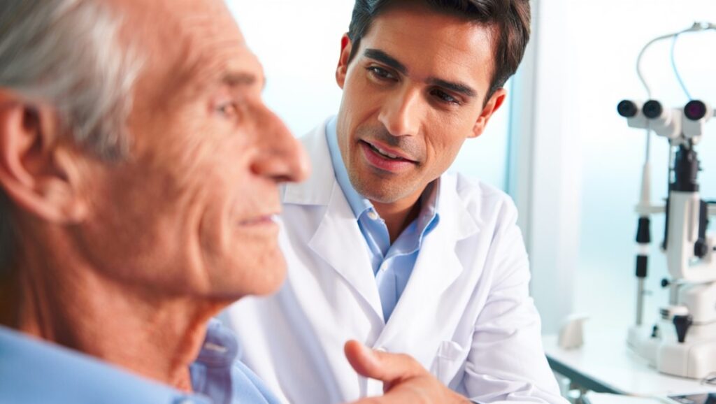 Oftalmólogo evaluando a paciente adulto con síntomas de temblor en el ojo, en consultorio especializado en visión en Santiago del Estero (Argentina).