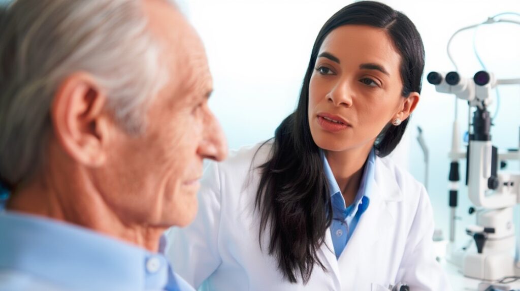 Oftalmóloga argentina evaluando a paciente adulto mayor con síntomas de visión borrosa en un consultorio de la Nueva Clínica Santa Lucía (Santiago del Estero).