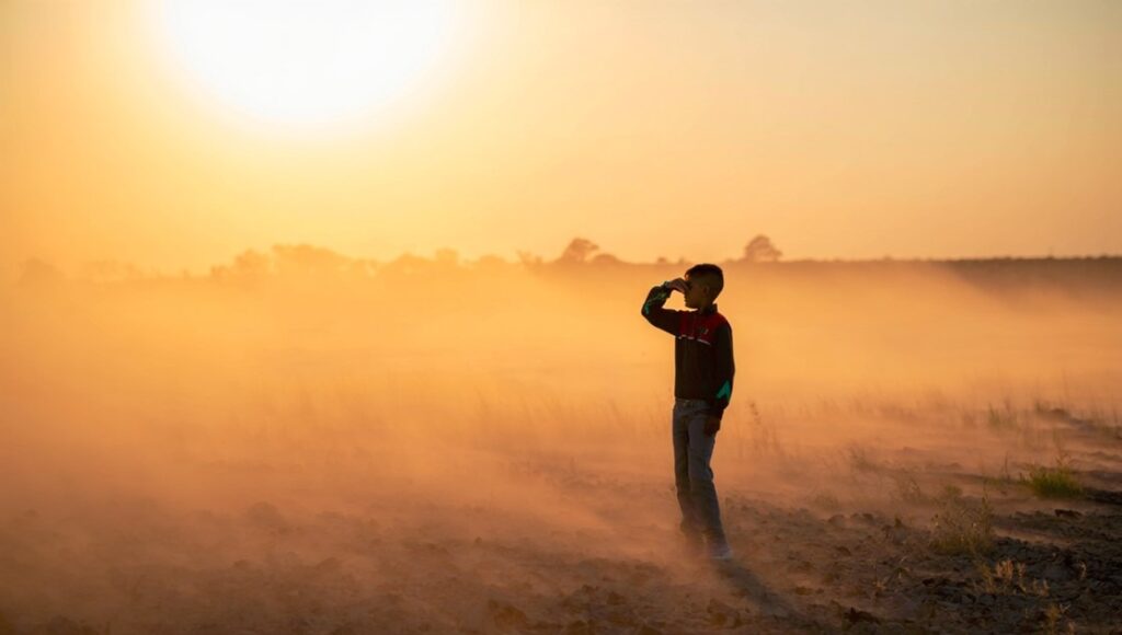 Niño expuesto a condiciones ambientales severas como polvo y sol intenso, posibles desencadenantes de visión borrosa temporal o irritación ocular.