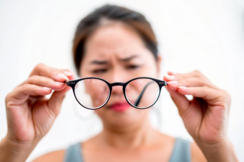 Mujer mirando lentes borrosos, reflejo de cambios en la graduación visual o necesidad de corrección óptica profesional para evitar una "visión borrosa" o con poca nitidez.