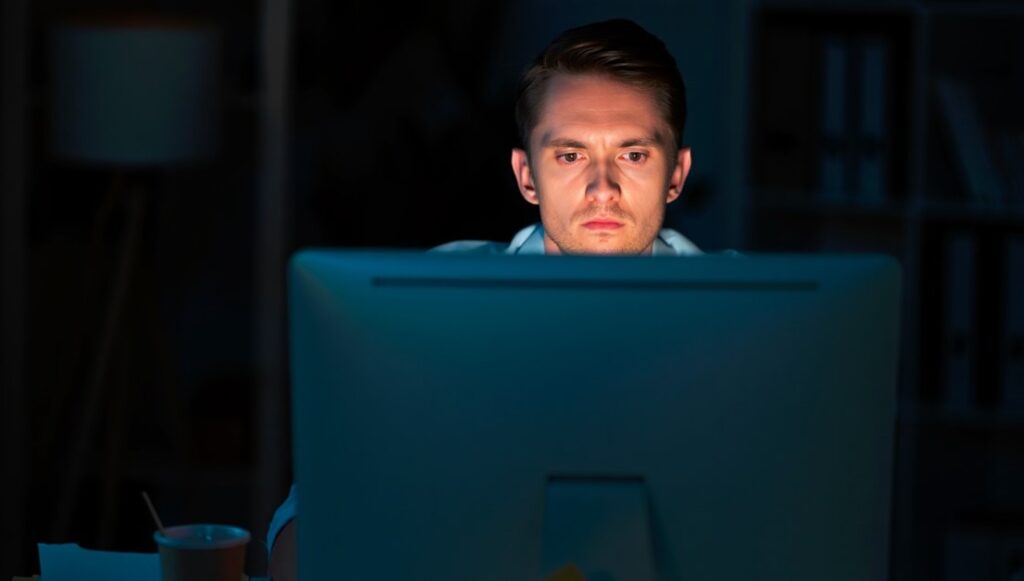 Hombre trabajando muchas horas frente a pantalla, factor de riesgo para desarrollar ojo seco por disminución del parpadeo.