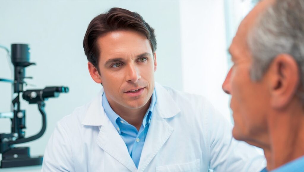 Oftalmóloga en Argentina evaluando a paciente adulto mayor con síntomas de ojo seco en consultorio especializado.