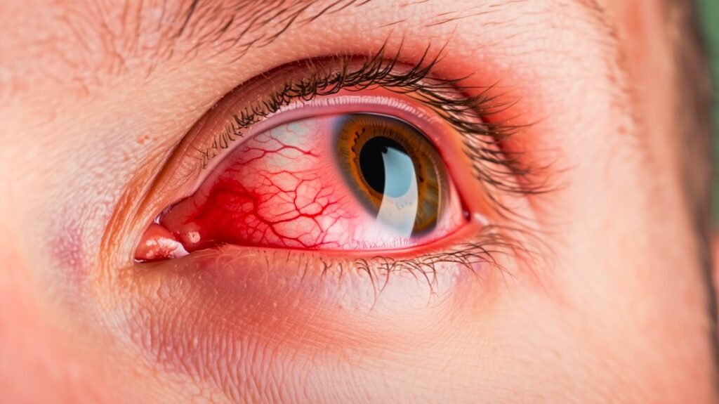Primer plano de ojo seco con enrojecimiento severo y vasos sanguíneos inflamados, signo común de sequedad ocular persistente.