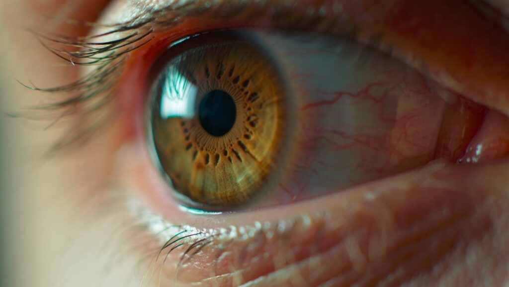 Primer plano de retina y estructuras oculares internas afectadas por posible desprendimiento de retina, urgencia oftalmológica.