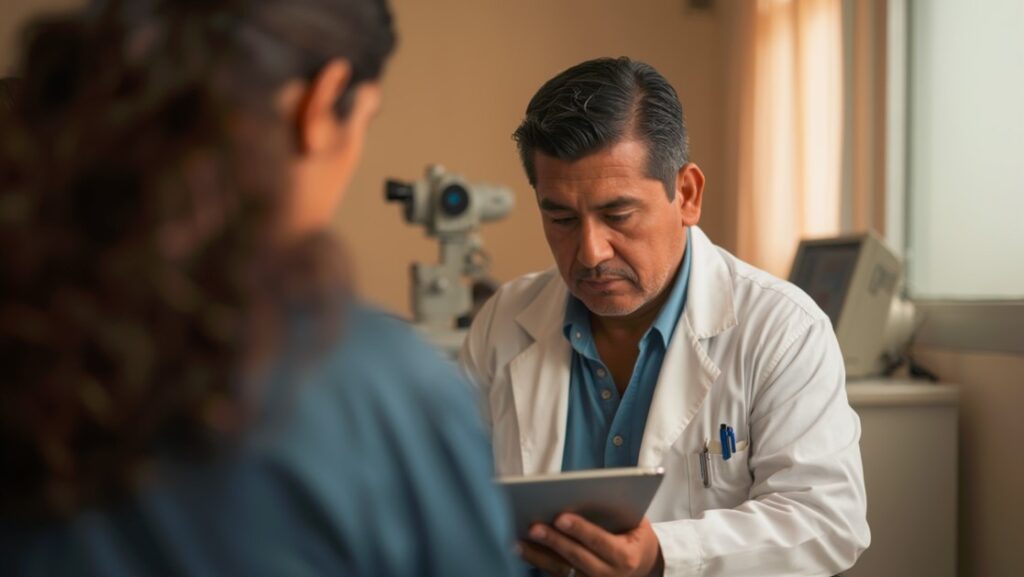 Oftalmólogo analizando estudios diagnósticos para confirmar desprendimiento de retina en Nueva Clínica Santa Lucía ubicada en Santiago del Estero (Argentina).