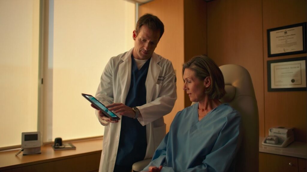 Especialista explicando tratamiento para desprendimiento de retina a paciente en consulta oftalmológica en Santiago del Esterio (Argentina).