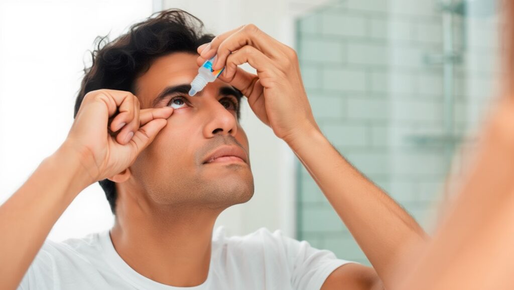 Paciente aplicando gotas oculares indicadas tras diagnóstico de "ojo seco".