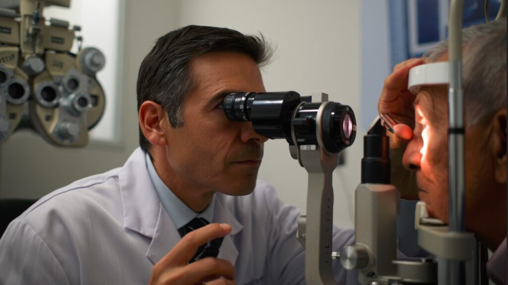 Examen oftalmológico completo en adulto mayor durante control de la vista después de los 60 en Argentina.
