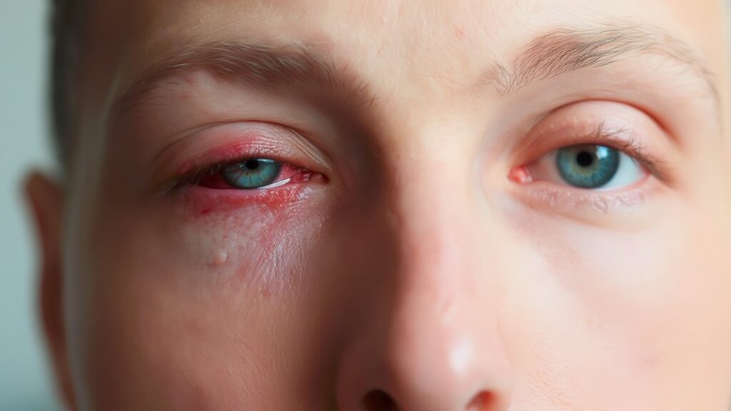 Ojo rojo con inflamación y secreción, síntomas comunes de conjuntivitis que requieren evaluación oftalmológica profesional.