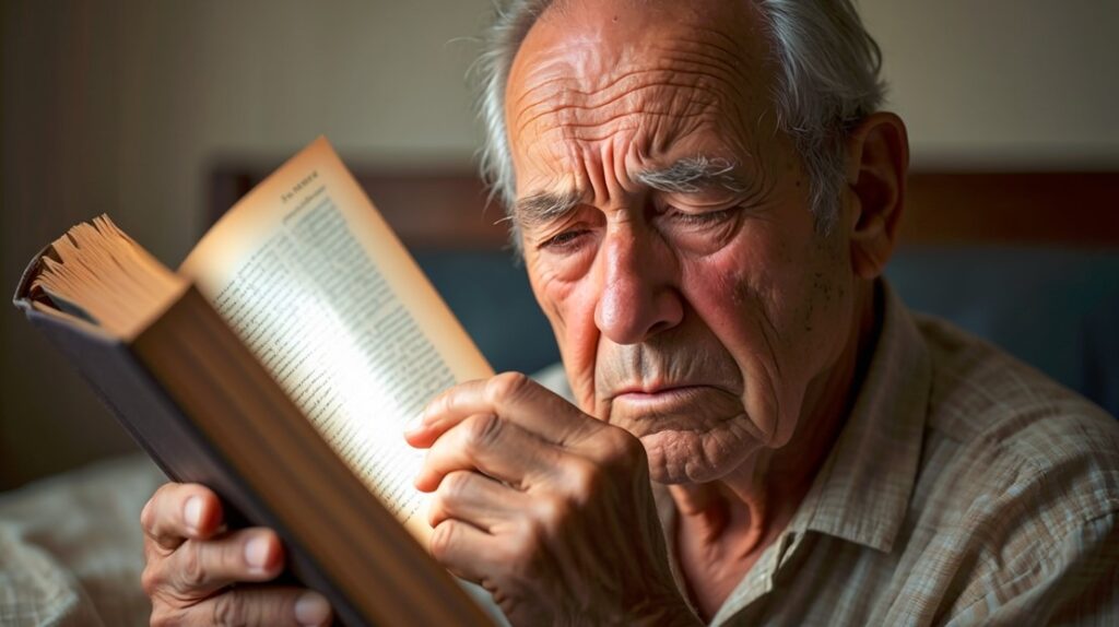 Adulto mayor con dificultad para leer, señal de que necesita control de la vista después de los 60 años.