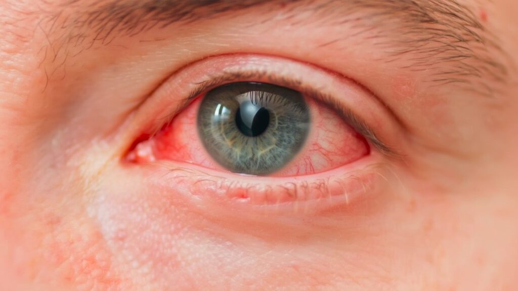 Conjuntivitis en ojo humano con enrojecimiento, irritación y vasos sanguíneos visibles en la conjuntiva.